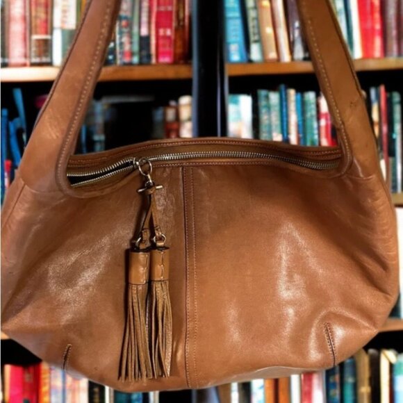 Vtg Coach Brown Leather Crescent Moon Handbag / Shoulder Bag Y2K Tassels - Picture 1 of 14
